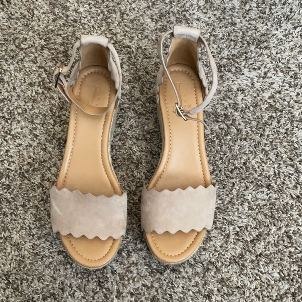 J. Crew tan suede espadrille wedge sandal.
